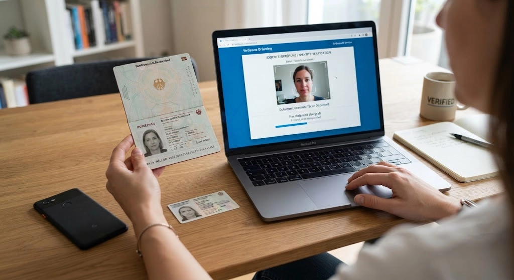 online account verification process showing an ID card, passport, laptop, and verification interface